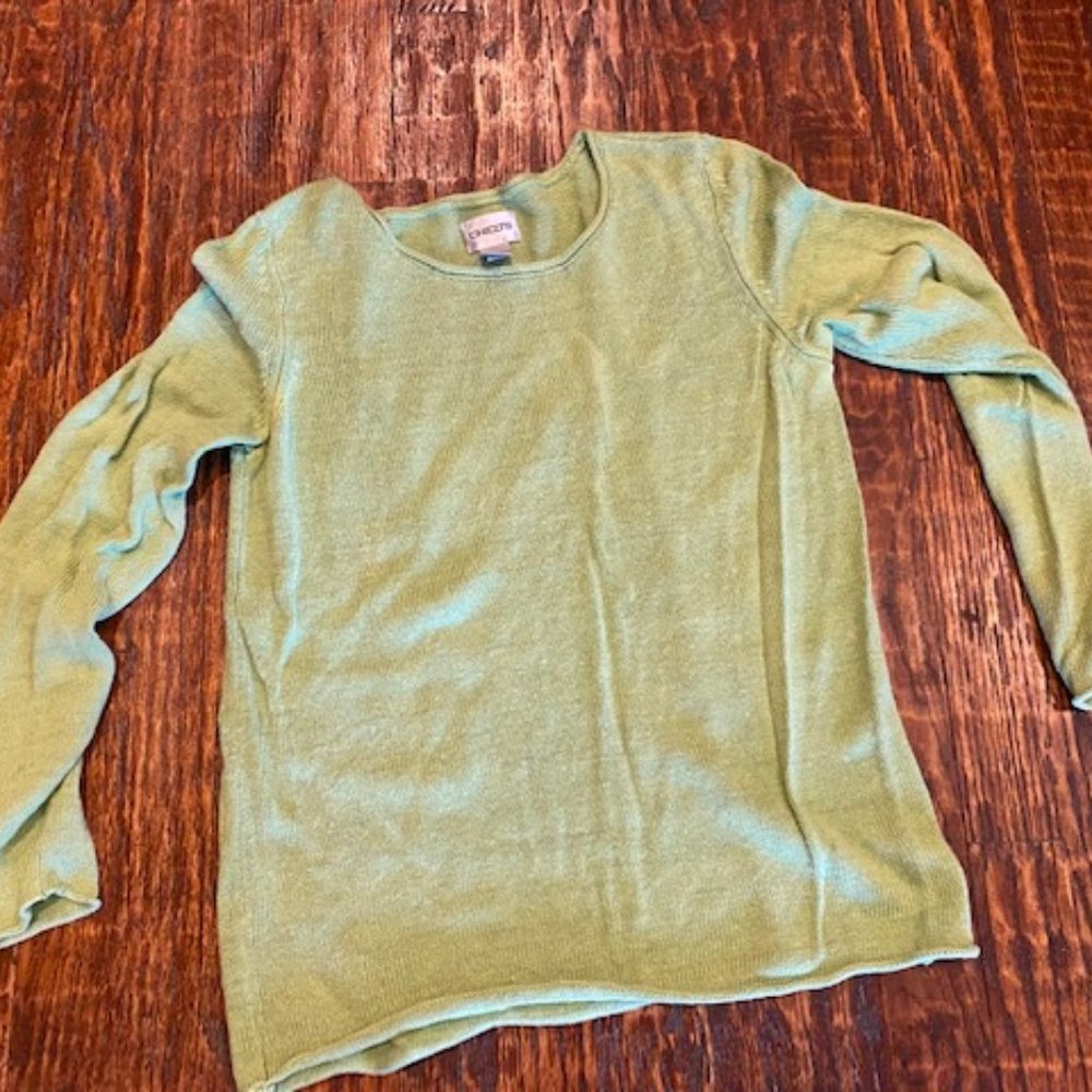 Vintage CHICO's LIME GREEN linen rayon blend TUNIC rolled hem SWEATER ~ sz 0
